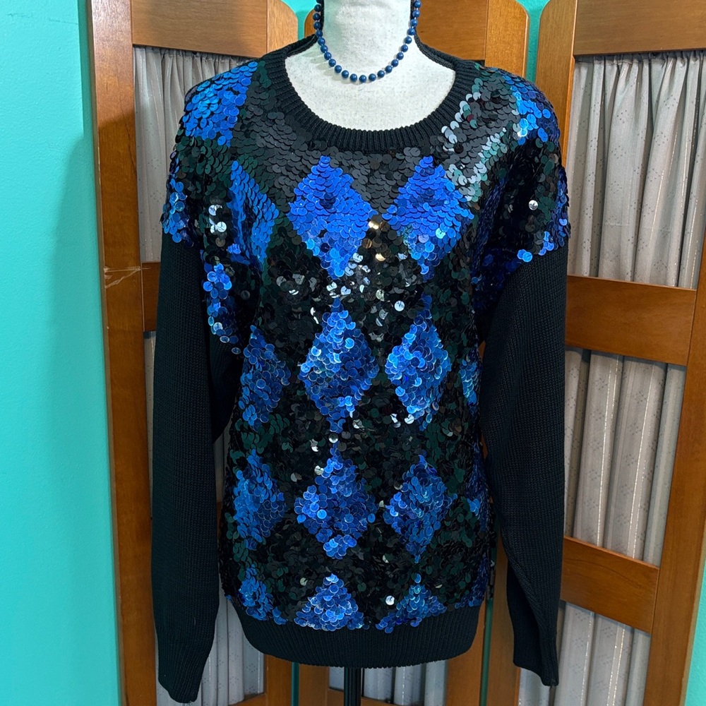 Christina Sequin Argyle Sweater in Blue and Black